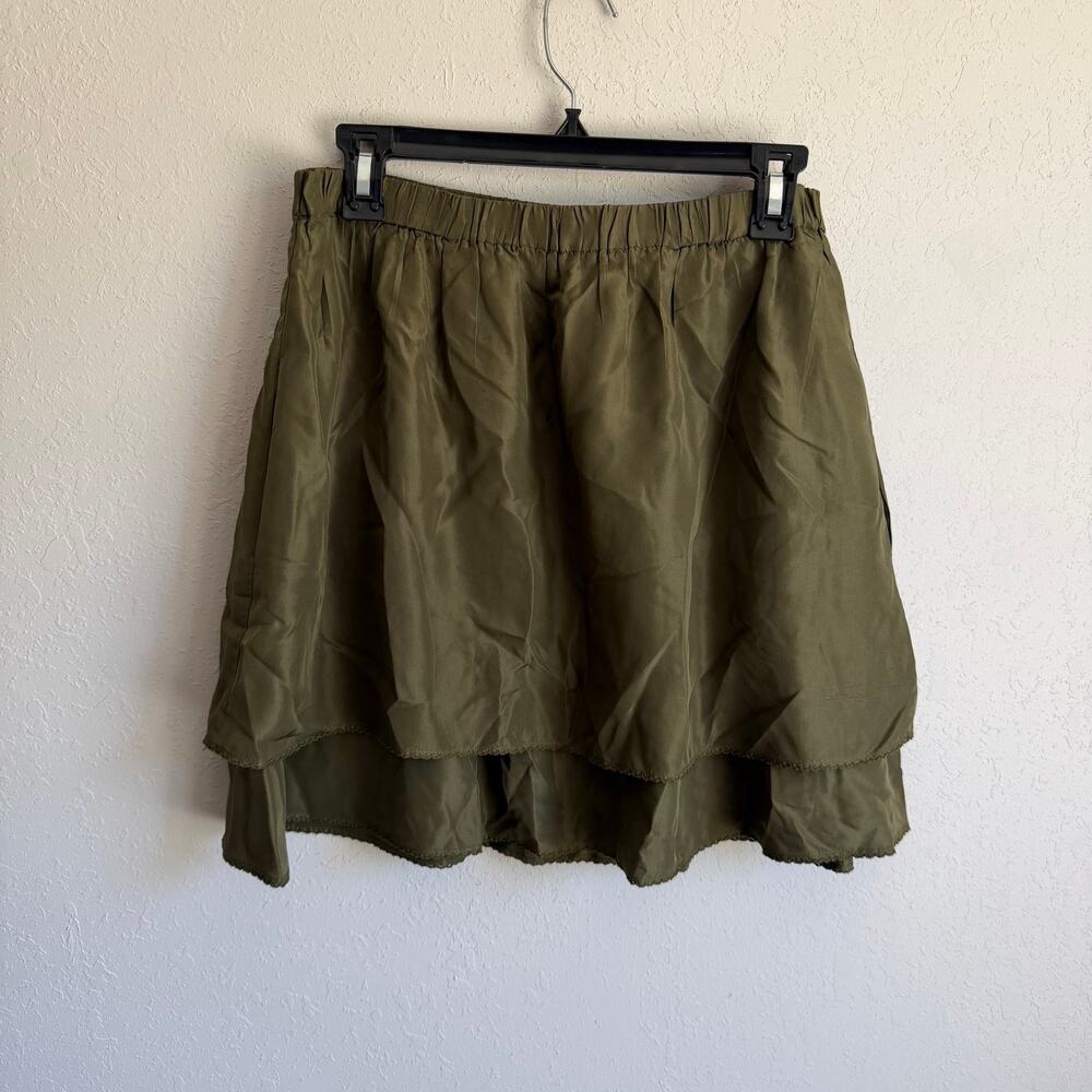 Odille Green 100% Silk Mini Tiered Hem Skirt Elastic Waistband Womens S Girly